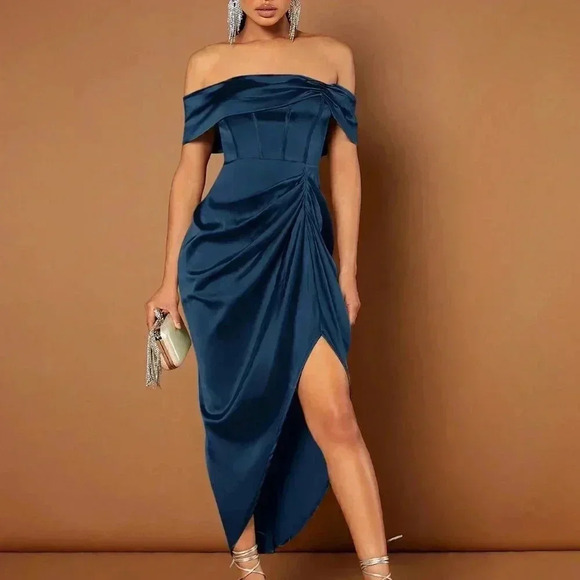 Blue Preppy Womens Off Shoulder Ruched Draped Asymmetrical Hem Dress - Picture 1 of 5